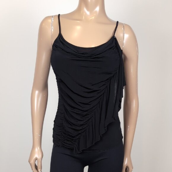 Guess Ruffled Cami Tank Top Black Ruched Asymmetric Party Cowl Neck Size XS - Picture 2 of 12